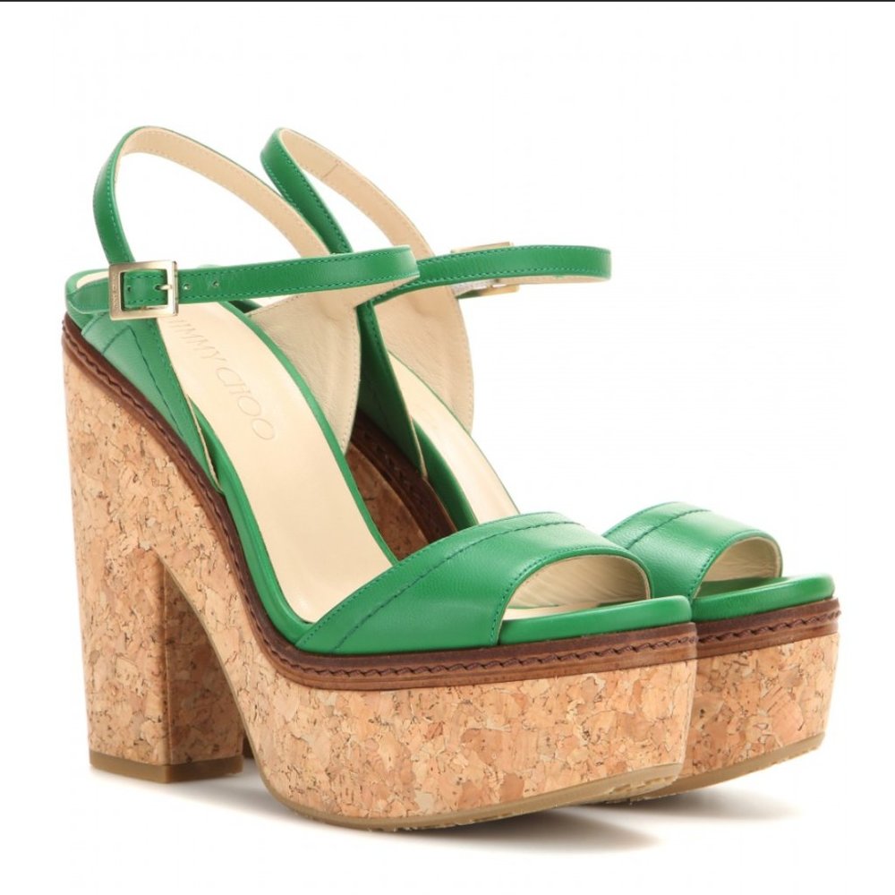 JIMMY CHOO Naylor Green Leather Platform Wedges size 6.5 W
